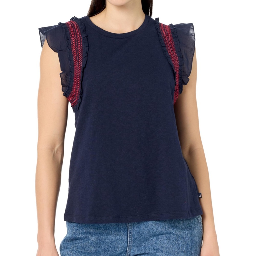 Nautica Jeans Women XL Crew Neck Navy Ruffle Sleeve Top Coronado Blue Boho‎ New